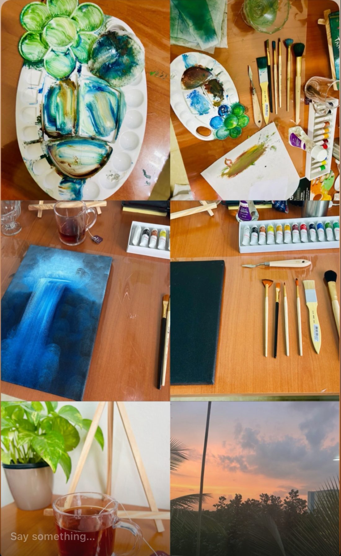 Tanuj's oil-painting studio — palette, brushes and a wash of sky on canvas