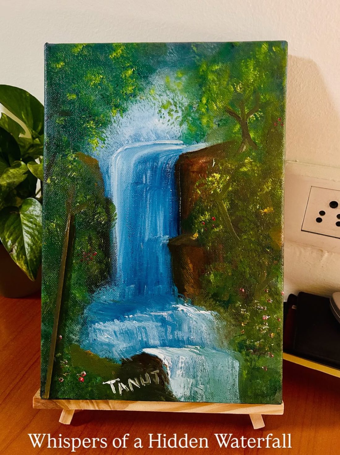 Whispers of a Hidden Waterfall, an oil painting of a forest waterfall